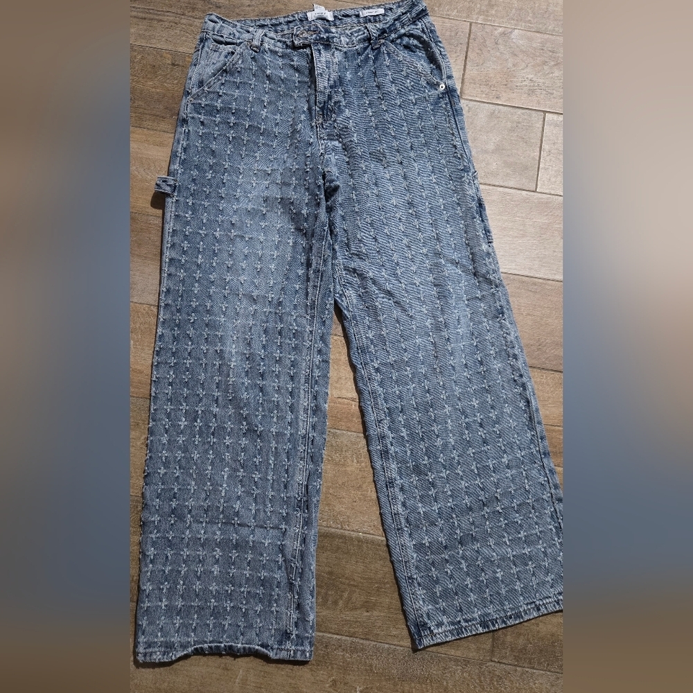 Forever21 Straight Leg Cross Distressed Detail Cargo Blue Jeans Size 28